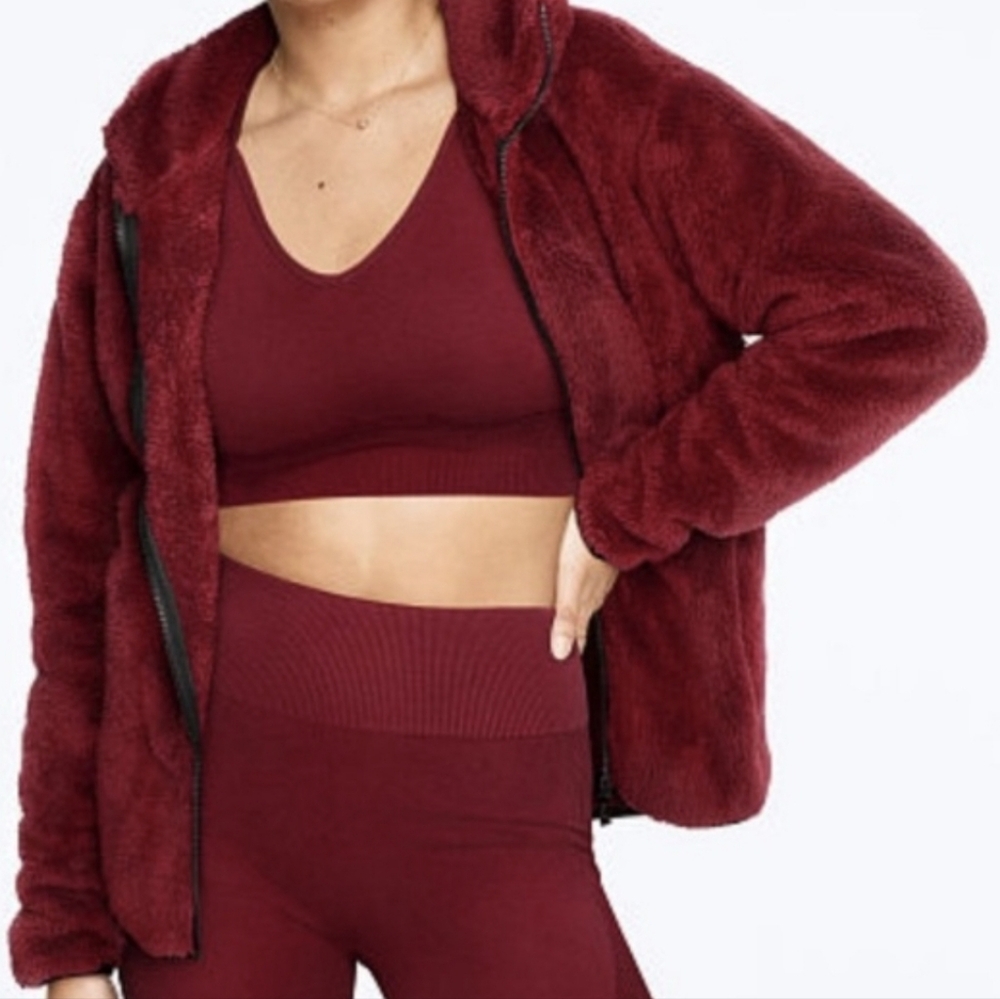 PINK Victoria's Secret Sherpa Teddy Jacket Full Zip Maroon VS Sweater New XL - Picture 10 of 16